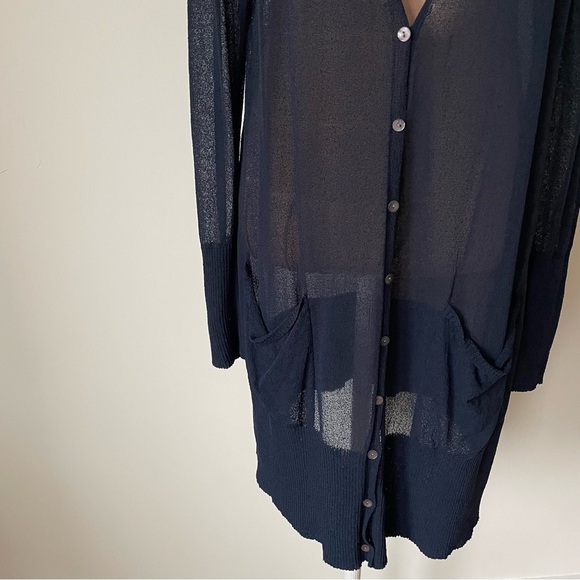 EILEEN FISHER Viscose Crepe Sheer Tunic Button Up V-Neck Blue Cardigan EUC Sz M - Picture 6 of 10
